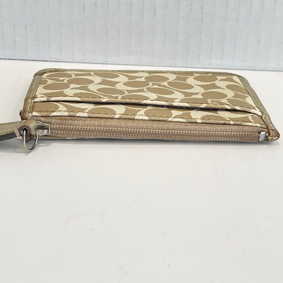 Coach Signature Logo Stripe Coin Purse Pouch Key Chain Change Gold Tan Wallet - - Picture 5 of 14